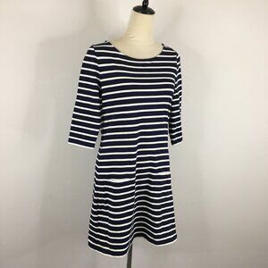 BODEN Dark Blue White Striped Collar Buttons 3/4 Sleeve Pockets Dress